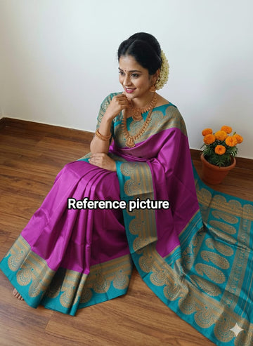 Royal Kanjivaram Soft Silk Saree – Purple with Blue Traditional Zari Border