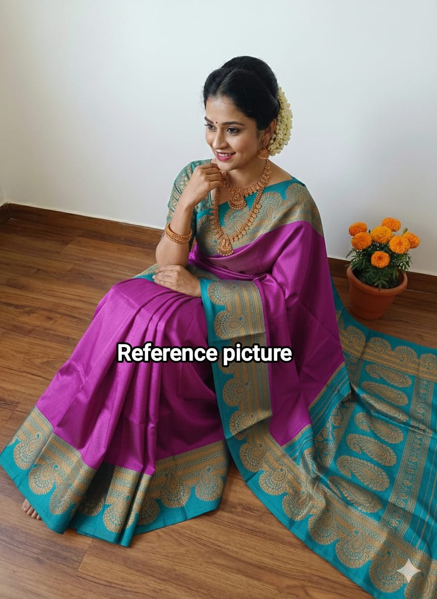 Royal Kanjivaram Soft Silk Saree – Purple with Blue Traditional Zari Border