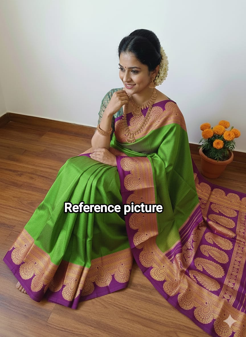 Royal Kanjivaram Soft Silk Saree – Olive Green with Rich Magenta Zari Border