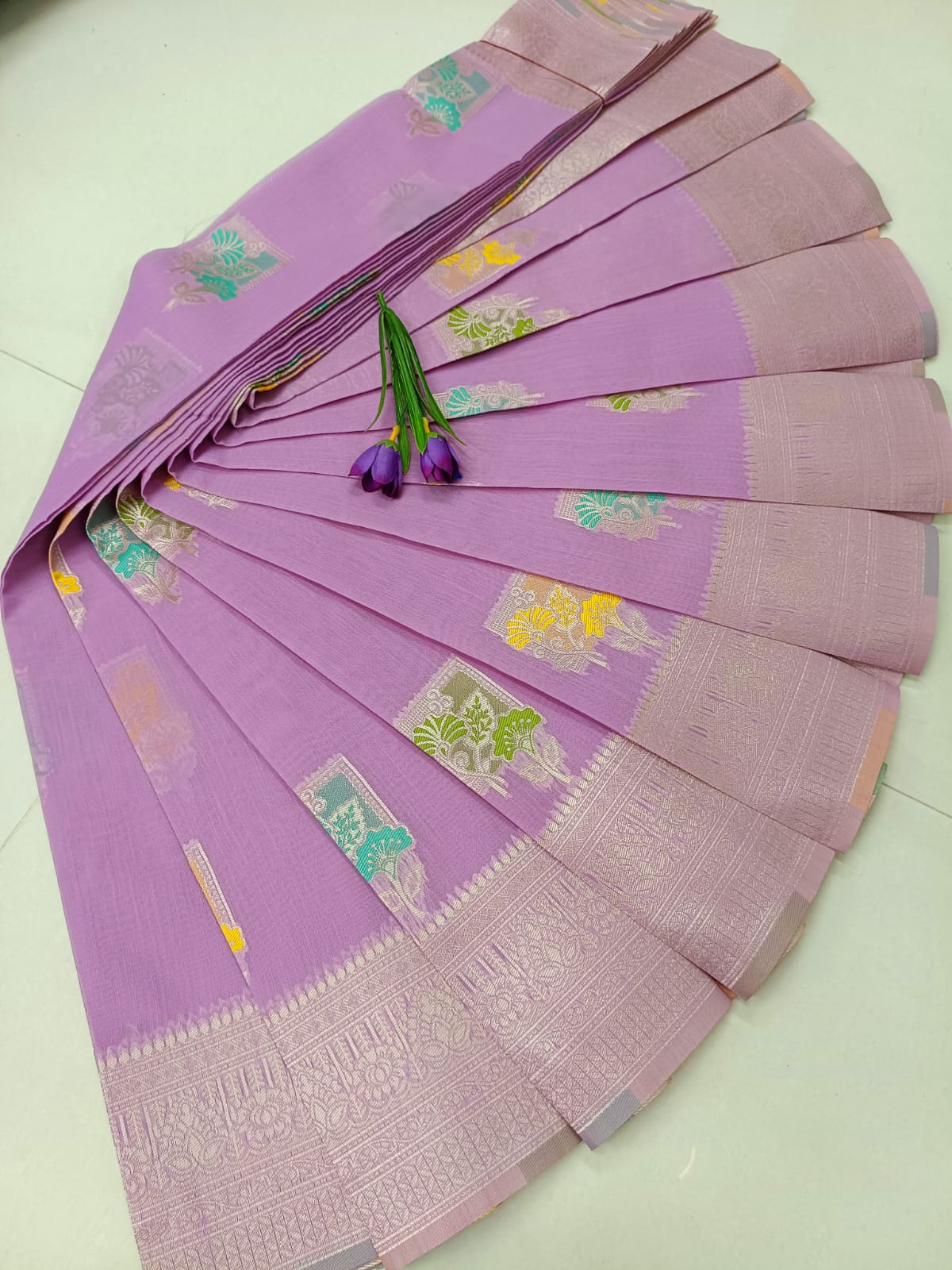 Premium Meena Work Linen Cotton Saree – Lavender Elegance