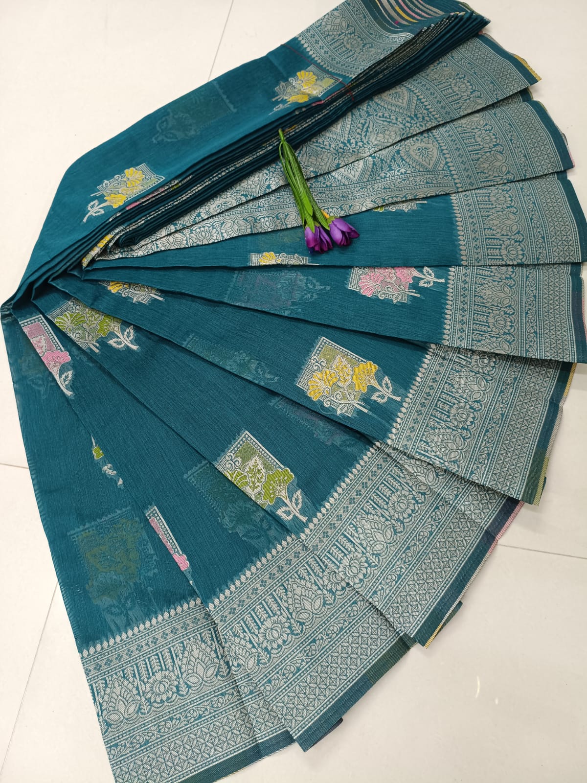 Premium Meena Work Linen Cotton Saree – Teal Green Royale