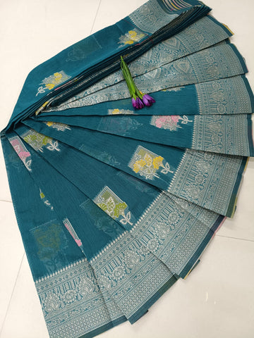 Premium Meena Work Linen Cotton Saree – Teal Green Royale