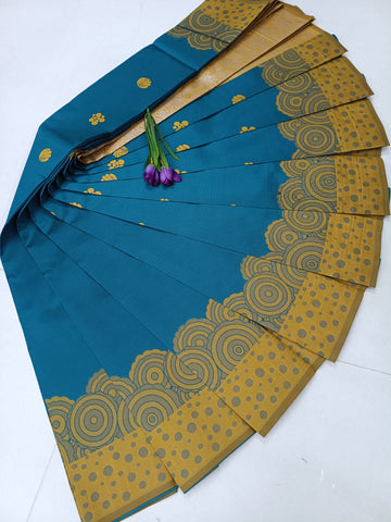 Peacock Blue with Mustard Gold – Traditional Soft Silk Saree