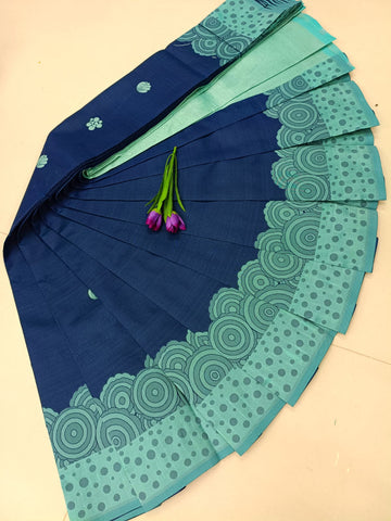 Navy Blue with Aqua Green – Traditional Soft Silk Saree