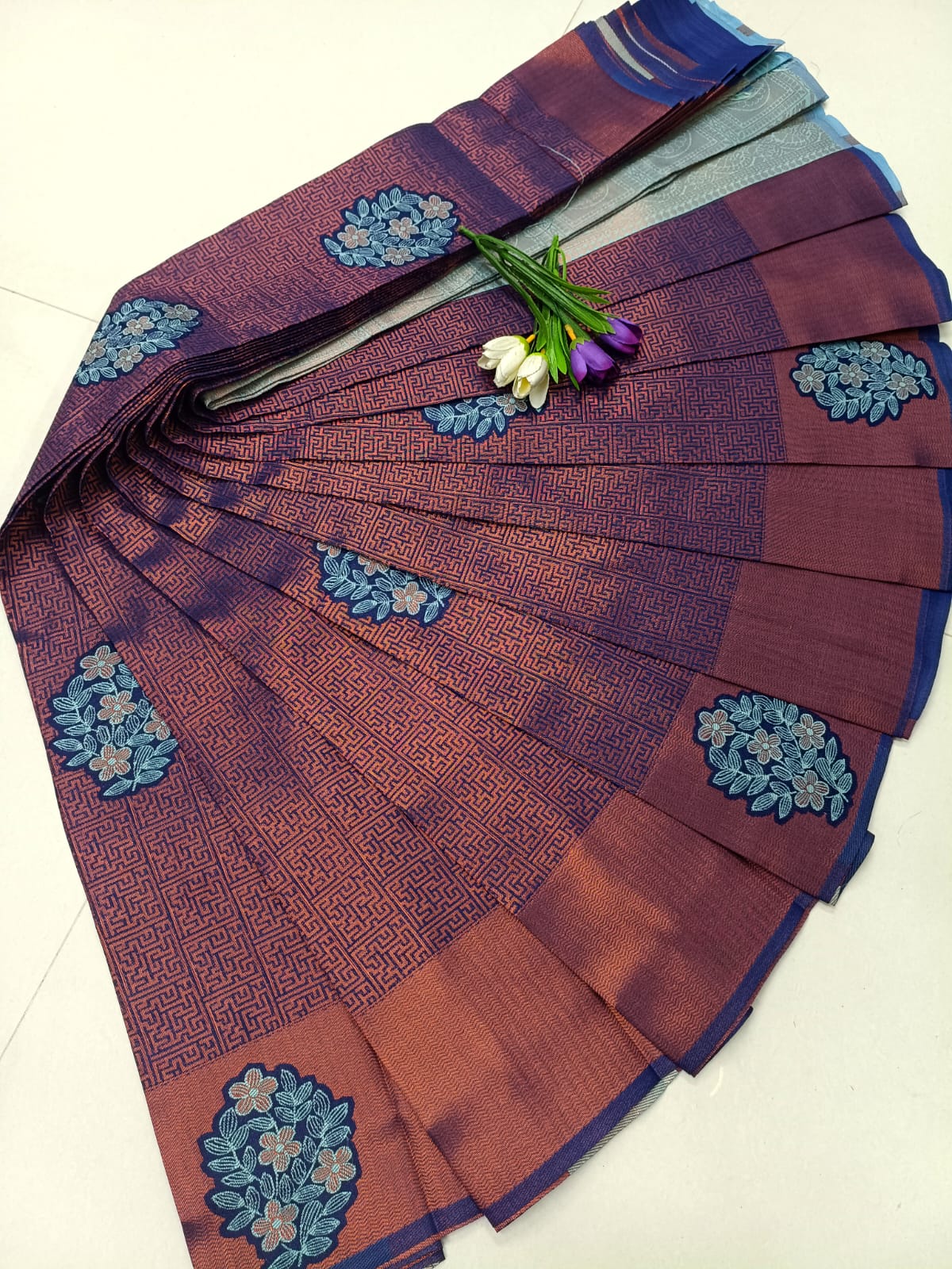 Tissue Soft Silk Saree – Elegant Big Flower in Navy Blue