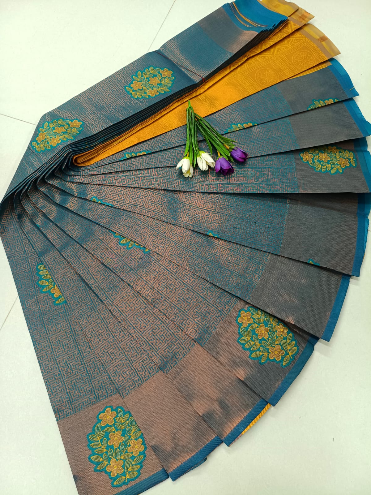 Tissue Soft Silk Saree – Elegant Big Flower in Teal Green