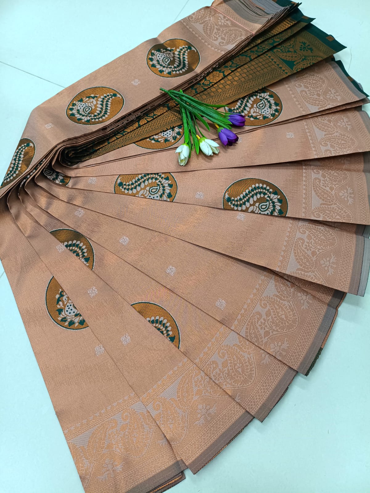 Tissue Soft Silk Saree – Elegant Peacock Design in Sandal