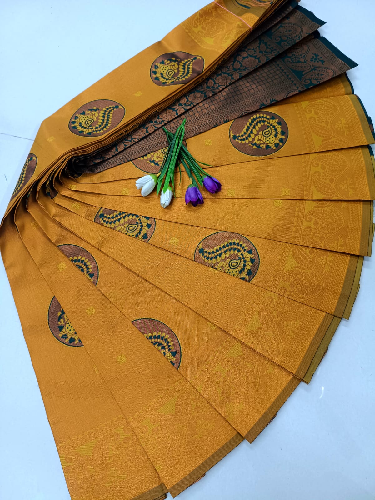 Tissue Soft Silk Saree – Peacock Design in Mustard Gold