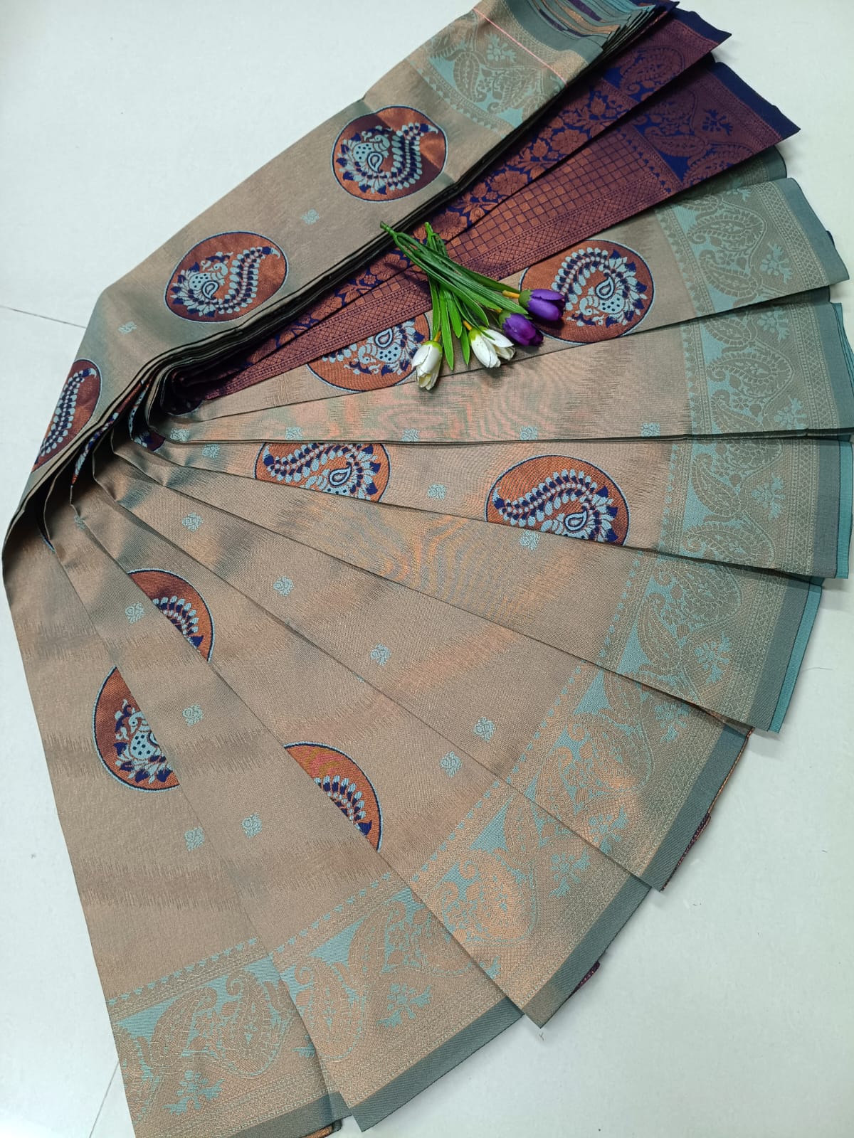 Tissue Soft Silk Saree – Peacock Design in Sea Green