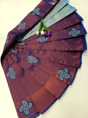 Tissue Soft Silk Saree – Flower Design in Navy Blue