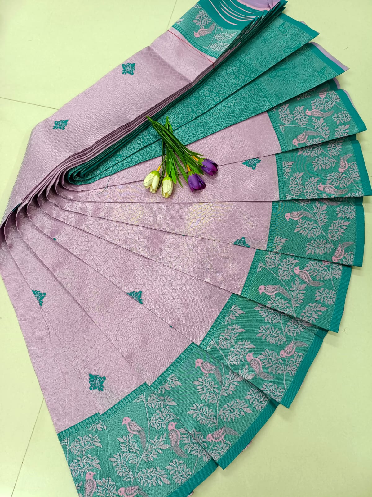 Lavender with Rexona Green – Soft Silk Saree with Floral Bird Motifs