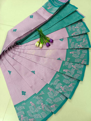 Lavender with Rexona Green – Soft Silk Saree with Floral Bird Motifs