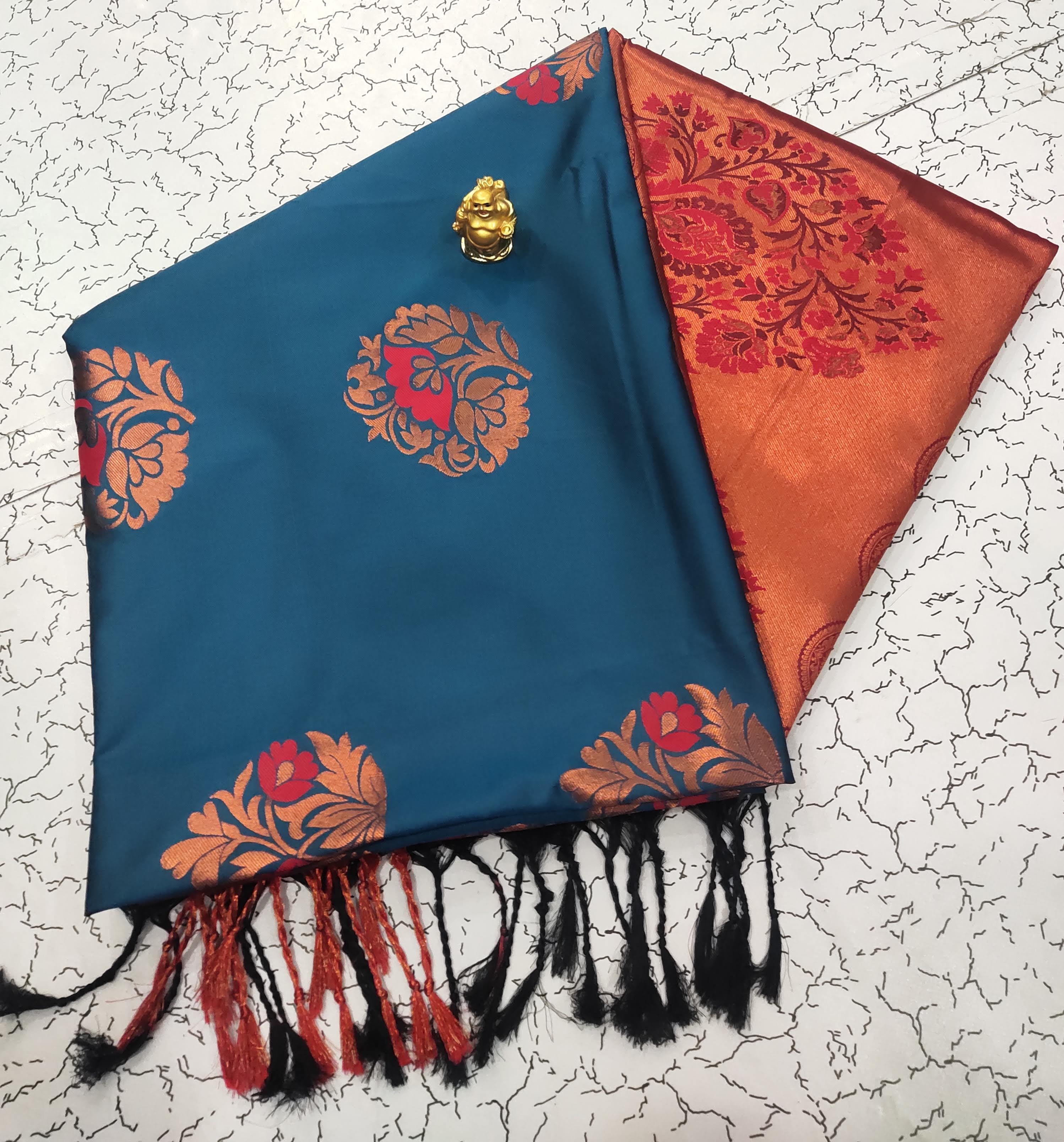 Peacock Blue Meena Butta Soft Silk Saree