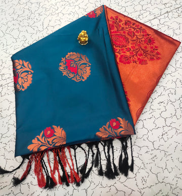 Peacock Blue Meena Butta Soft Silk Saree