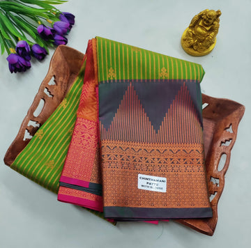 Exclusive Vaira Oosi Soft Silk Saree – Parrot Green with Pink