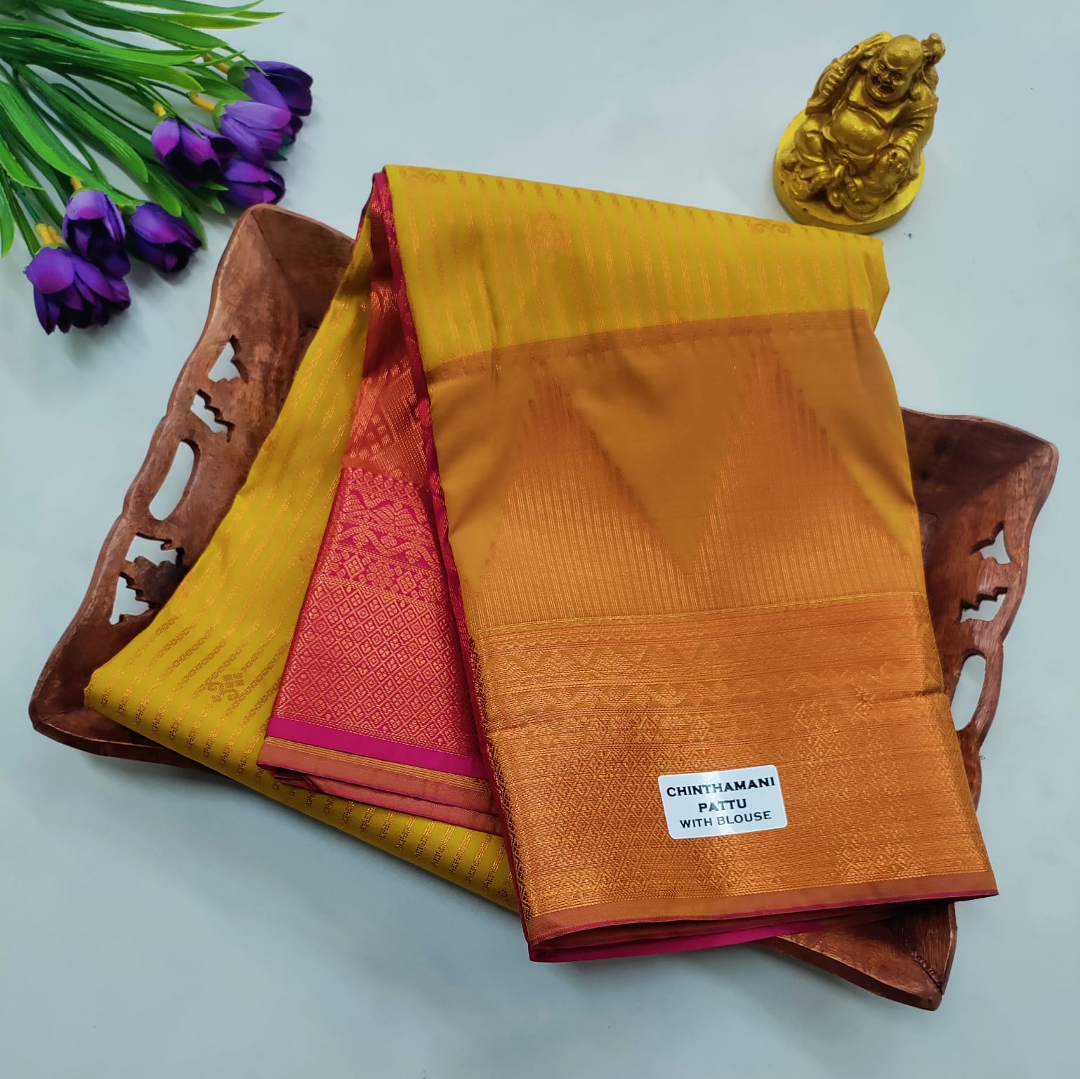 Exclusive Vaira Oosi Soft Silk Saree – Golden Mustard with Pink