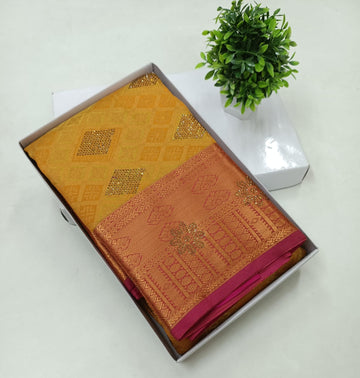 Mustard Gold Kanjivaram Wedding Saree with Stone Work