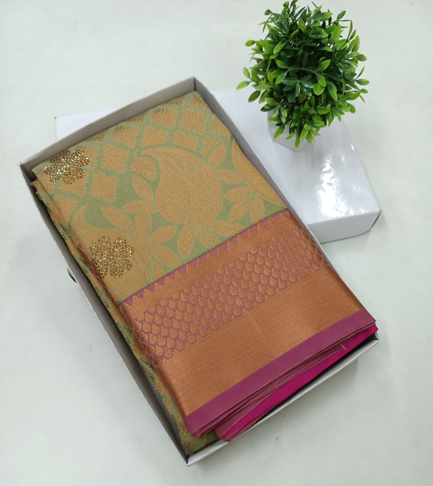 Pista Green Kanjivaram Wedding Saree with Stone Work