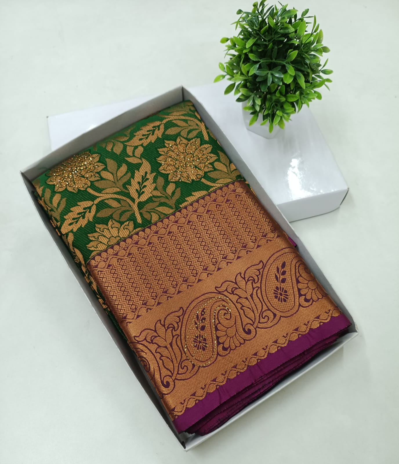 Bottle Green Kanjivaram Wedding Saree with Stone Work