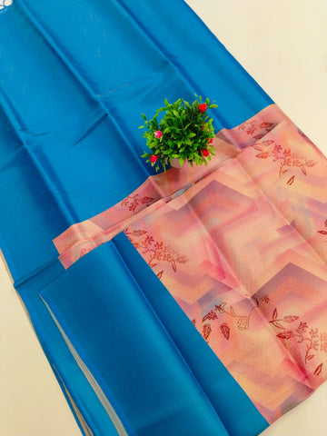 Pastal Pink With Sky Blue Softy Silk Saree
