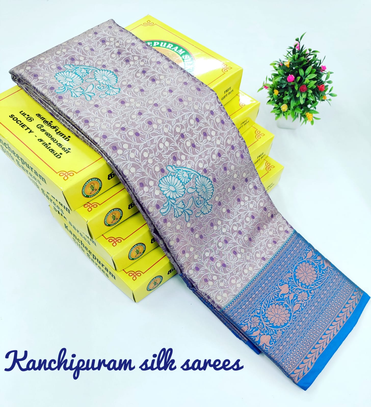 Lavender With Sky Blue Wedding Kanjivaram Silk Saree