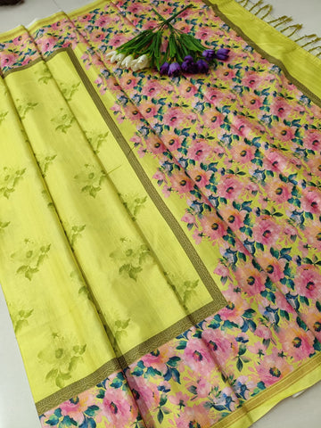 Lime Yellow Tussar Silk Saree