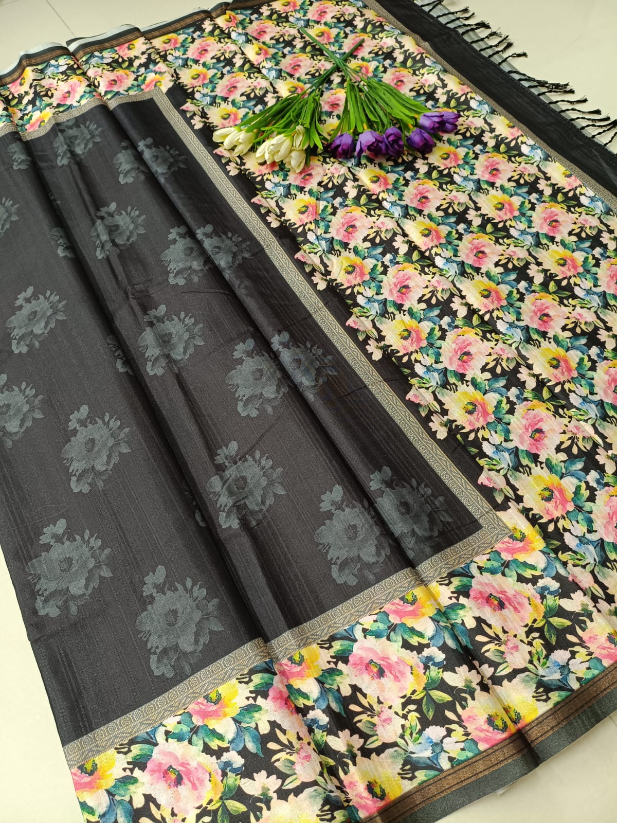 Black Tussar Silk Saree