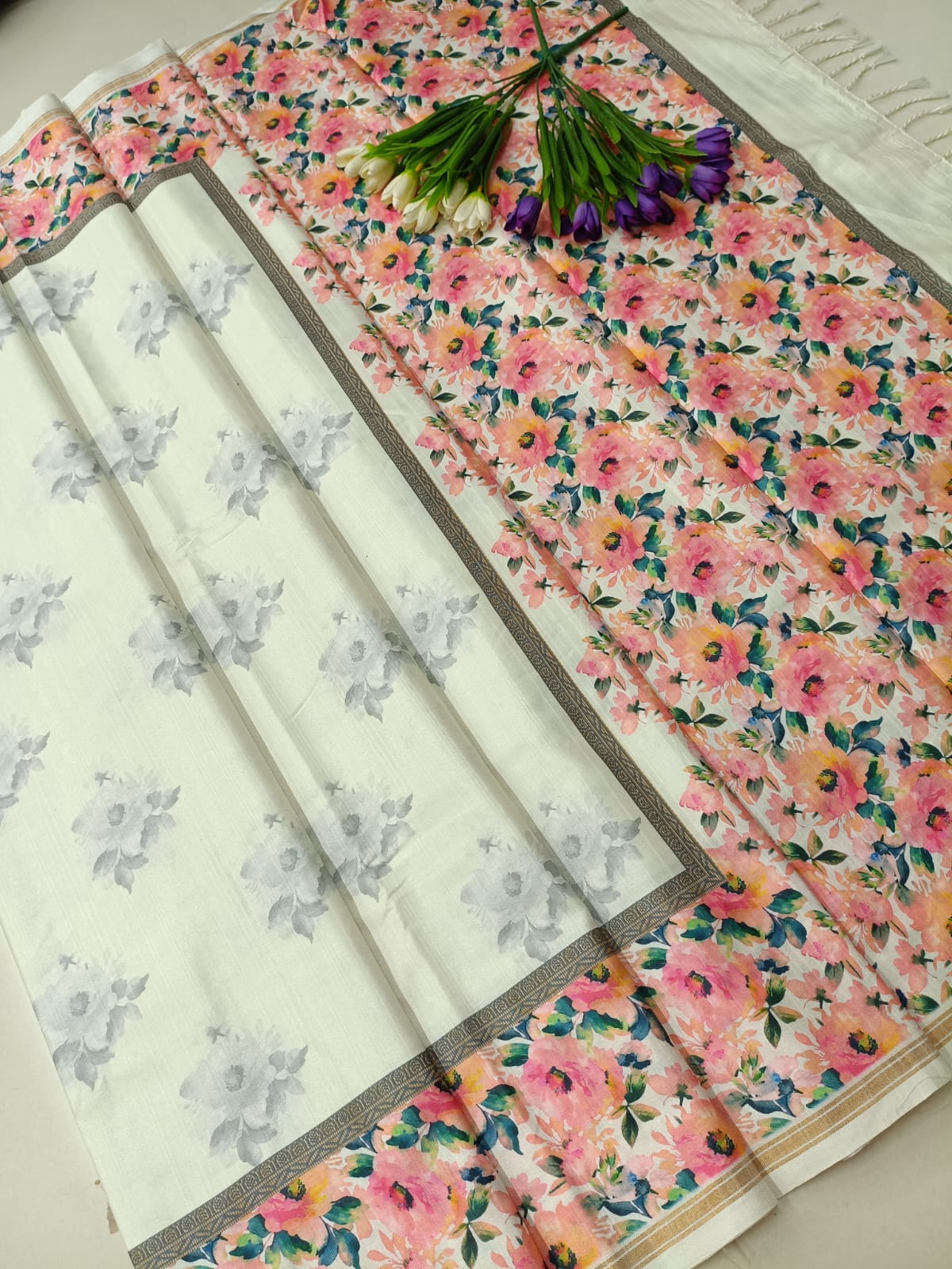 Cream Tussar Silk Saree