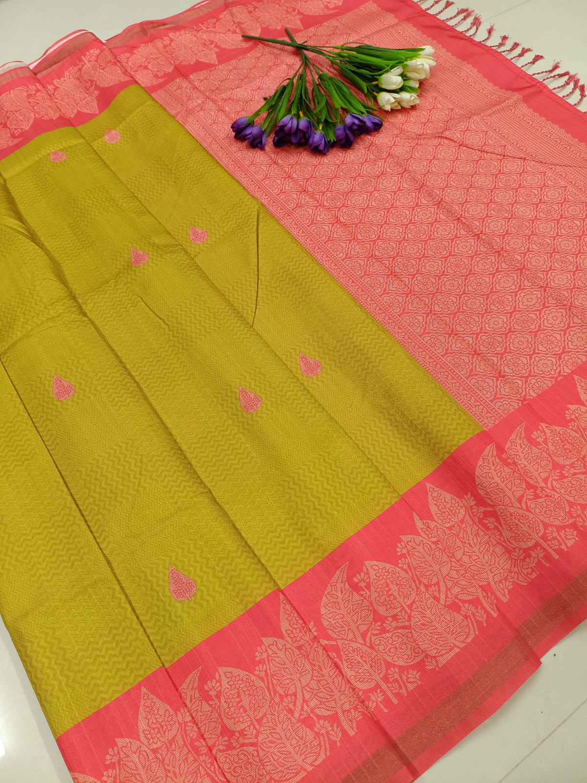 Mustard Yellow with Reddish Pink Tussar Silk Saree