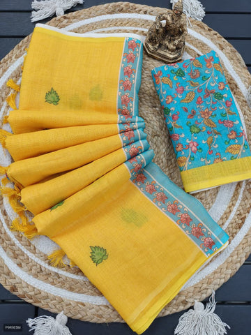 ✨ Linen Cotton Saree With Kalamkari Blouse ✨