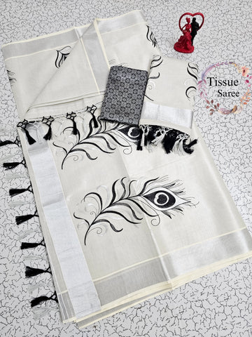 Kerala Kasavu Tissue Embroidery Saree
