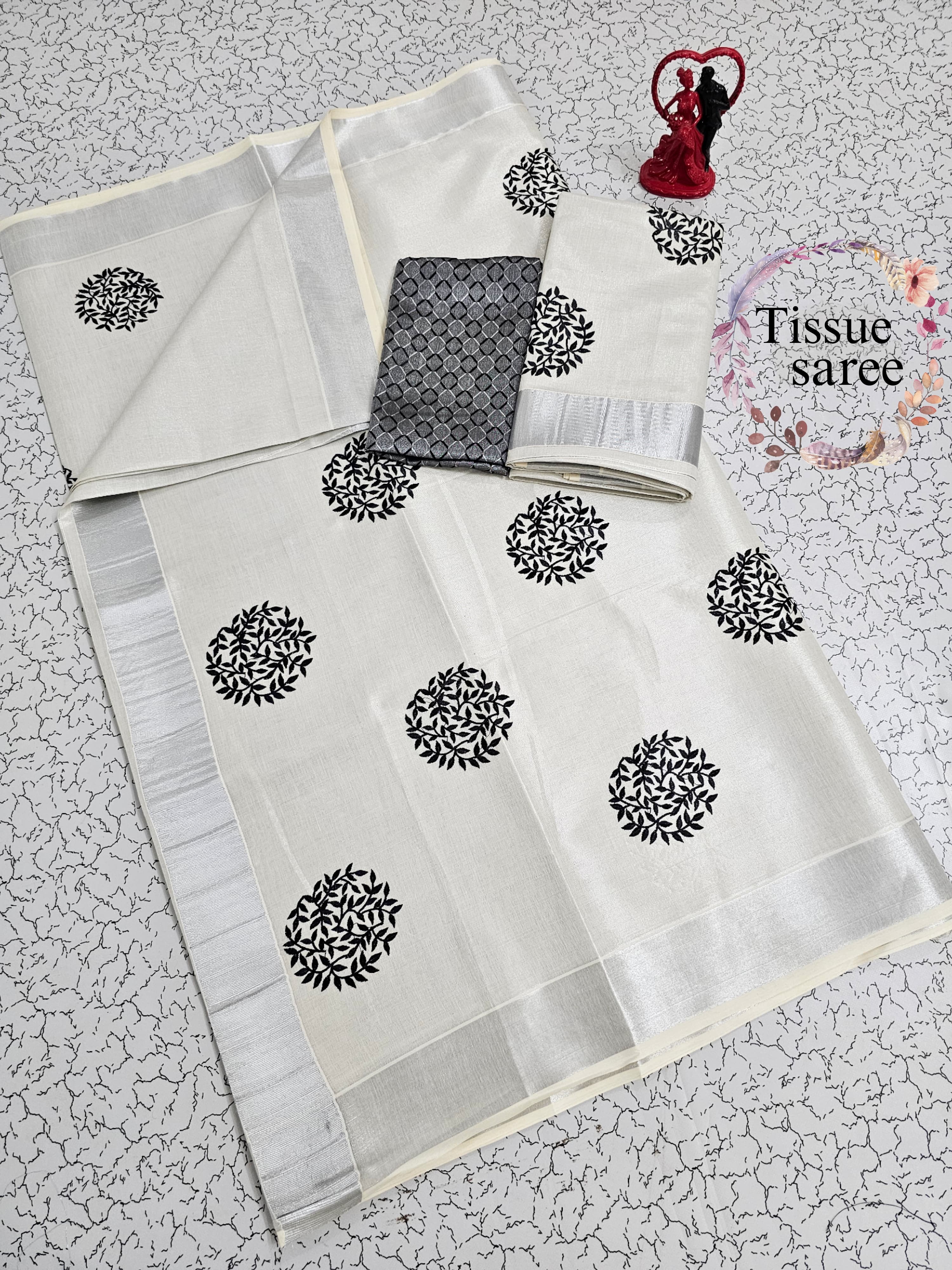 Kerala Kasavu Tissue Embroidery Saree