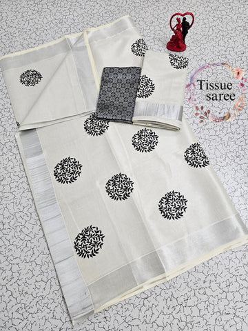Kerala Kasavu Tissue Embroidery Saree