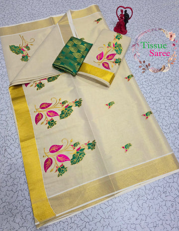 Kerala Kasavu Tissue Embroidery Saree
