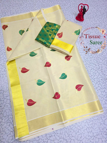 Kerala Kasavu Tissue Embroidery Saree