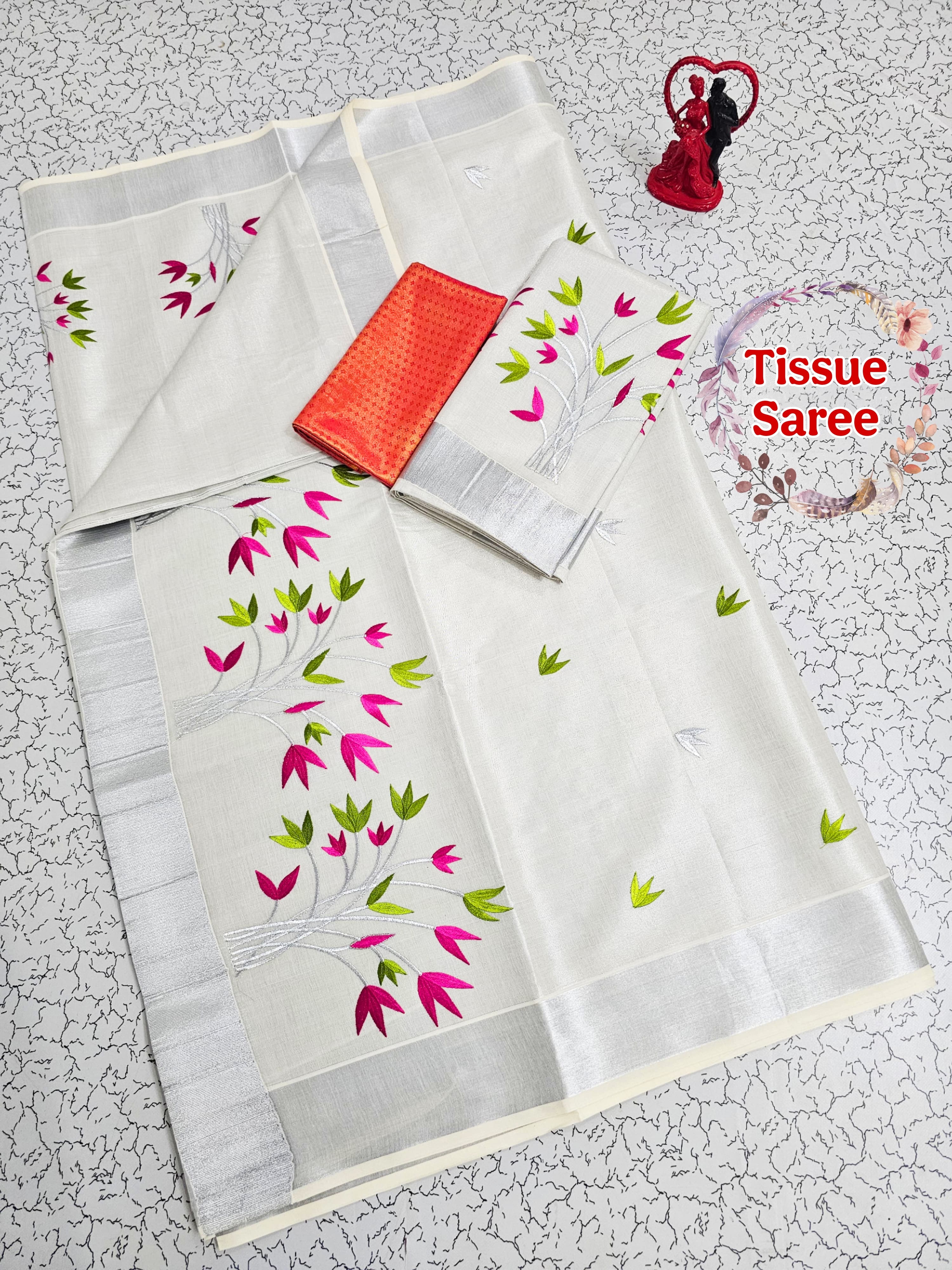 Kerala Kasavu Tissue Embroidery Saree