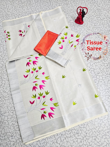 Kerala Kasavu Tissue Embroidery Saree
