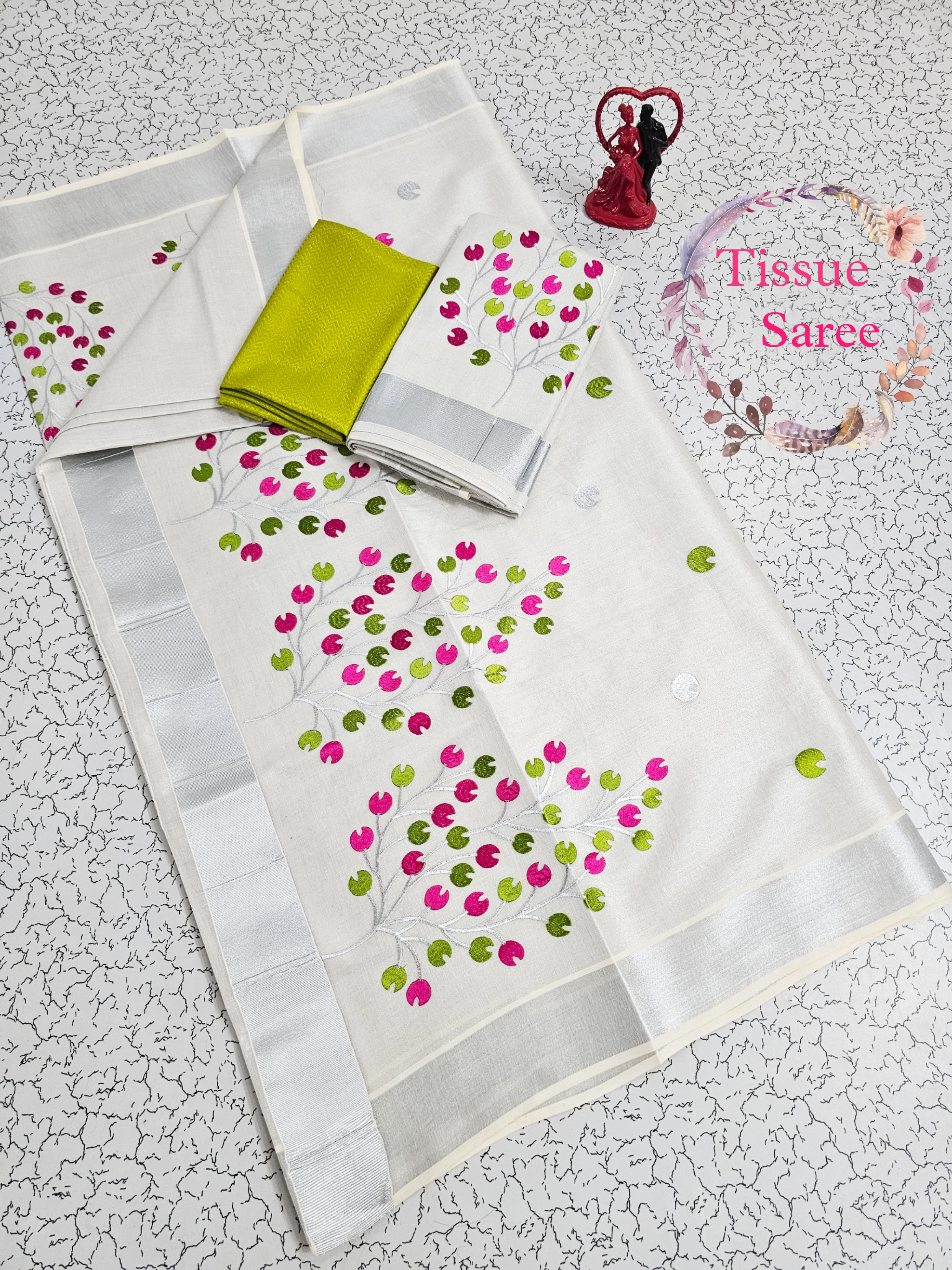 Kerala Kasavu Tissue Embroidery Saree