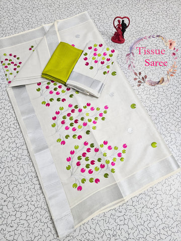 Kerala Kasavu Tissue Embroidery Saree