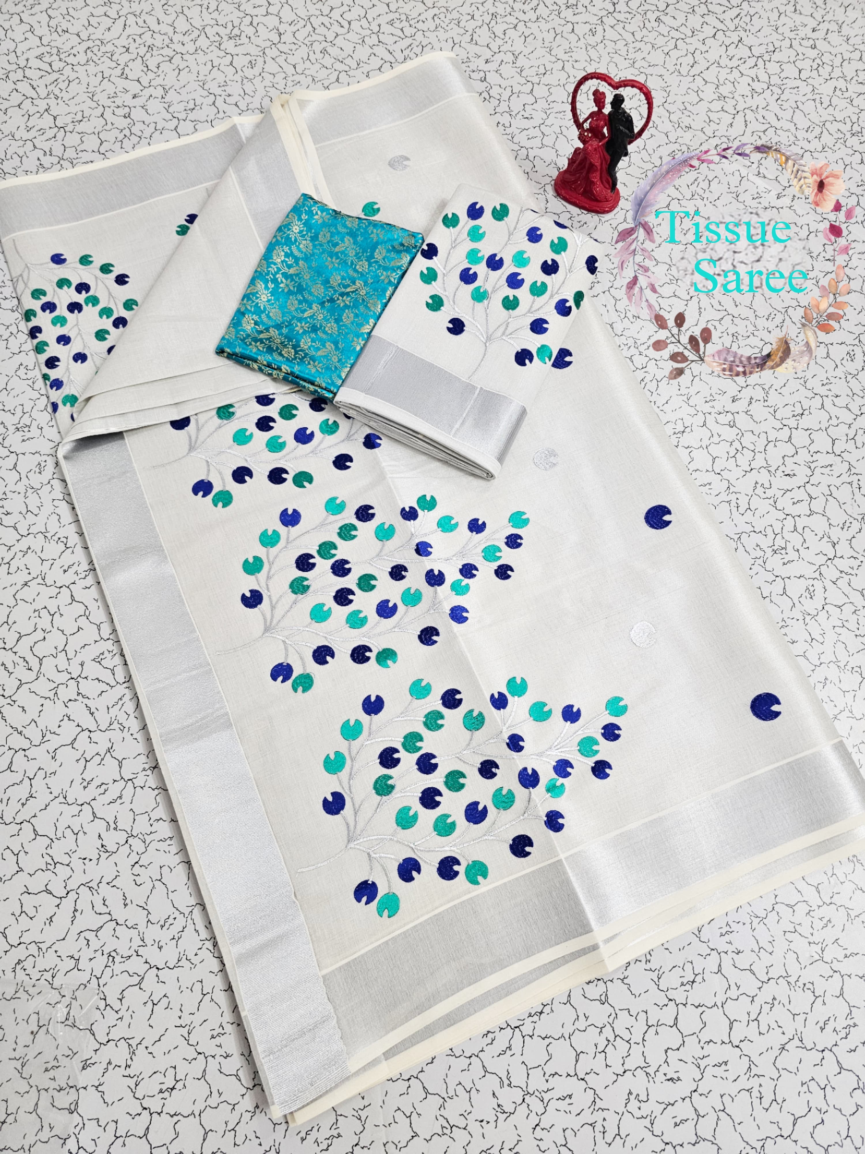 Kerala Kasavu Tissue Embroidery Saree