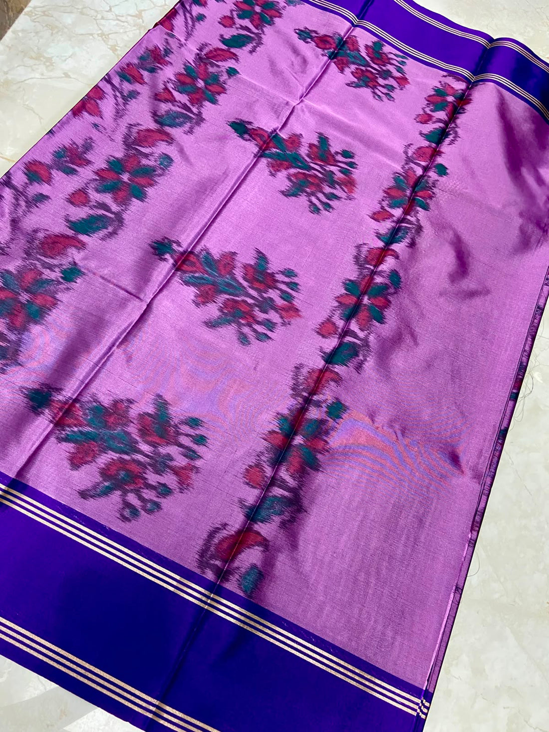 Pochampally Katan Silk Saree – Purple Floral