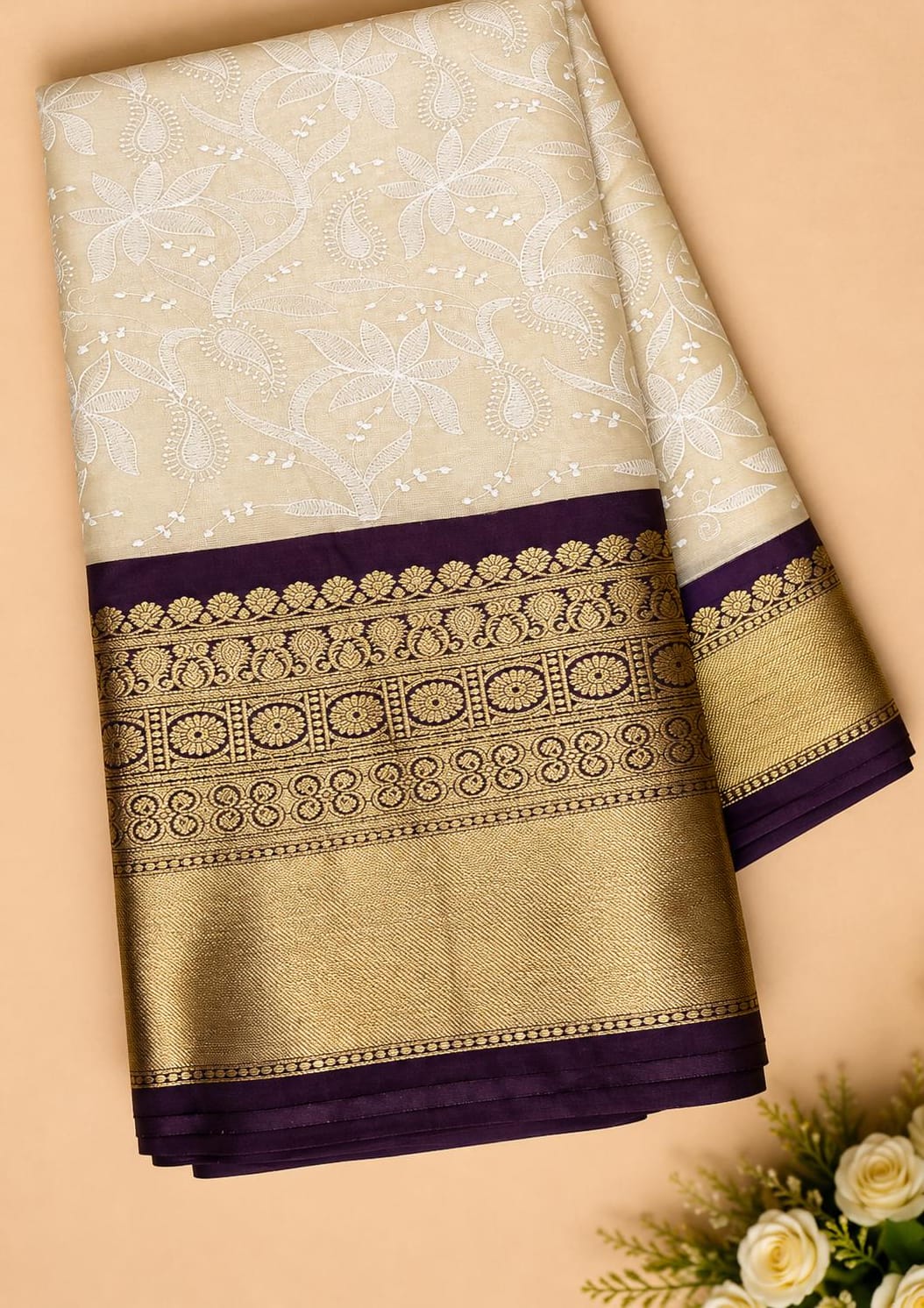 Semi Kattan Silk Embroidery Saree – Beige & Deep Wine
