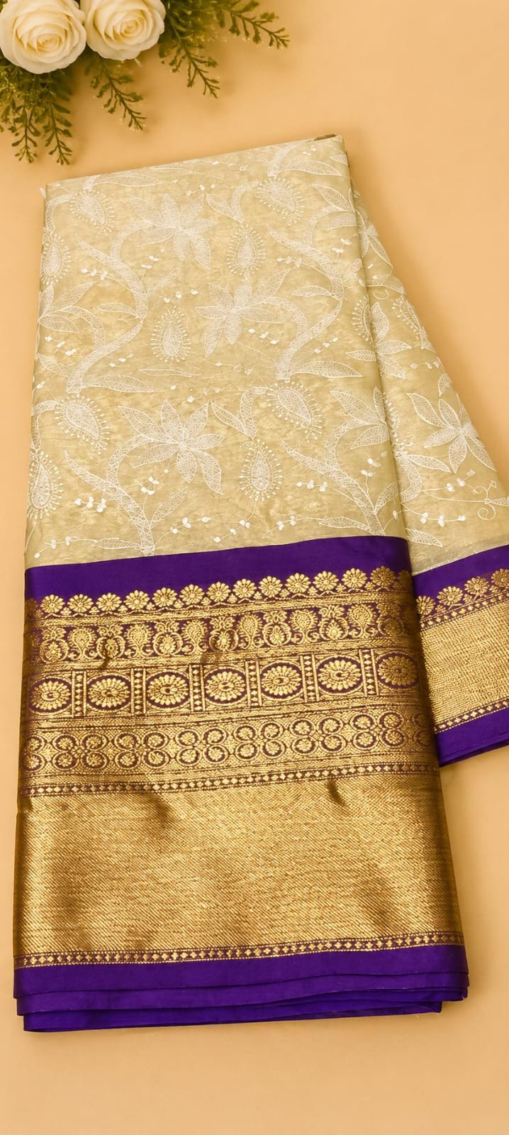Kattan Silk Embroidery Saree – Golden Beige with Purple Border
