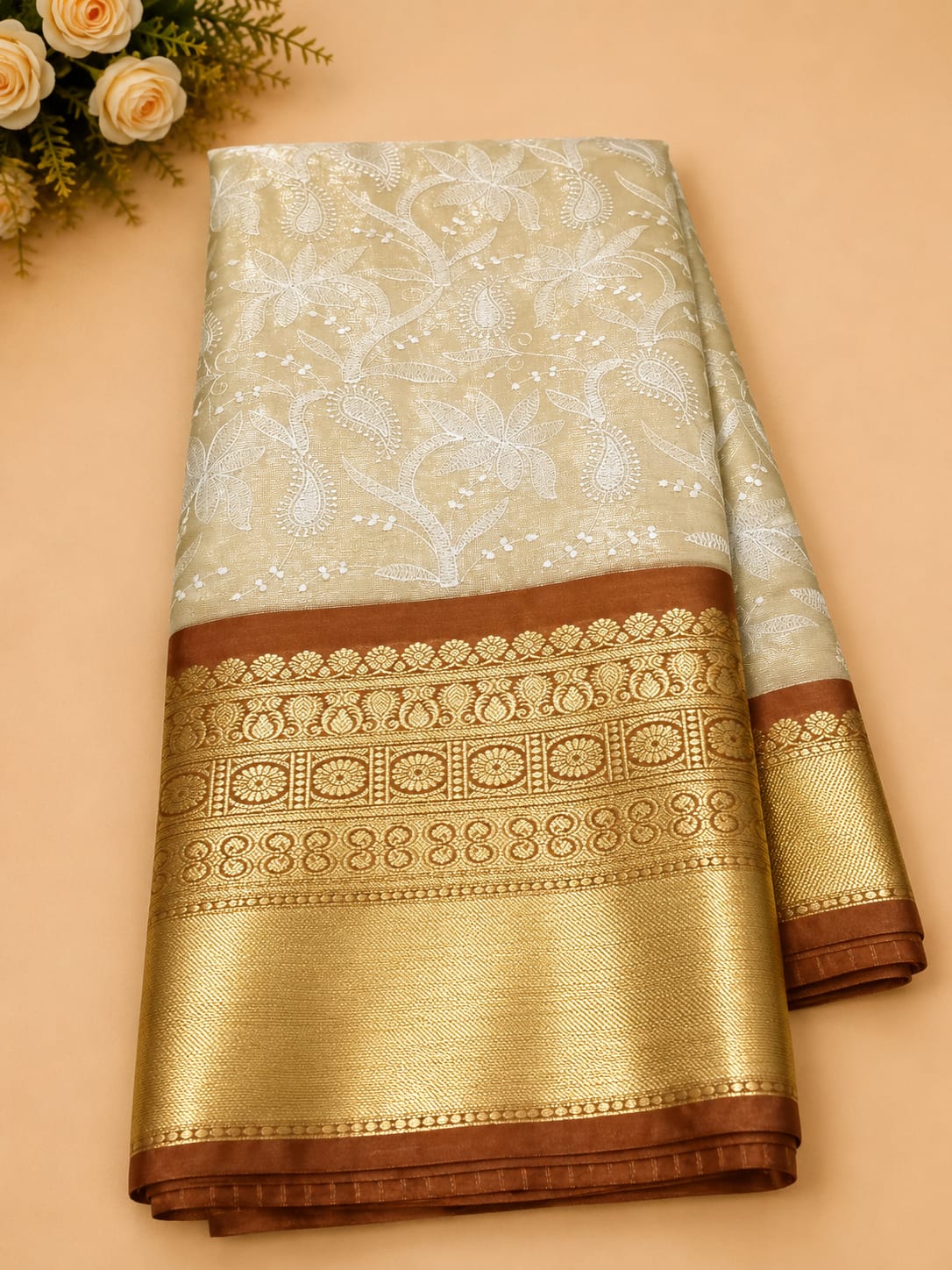 Semi Kattan Silk Embroidery Saree – Beige & Chocolate Brown