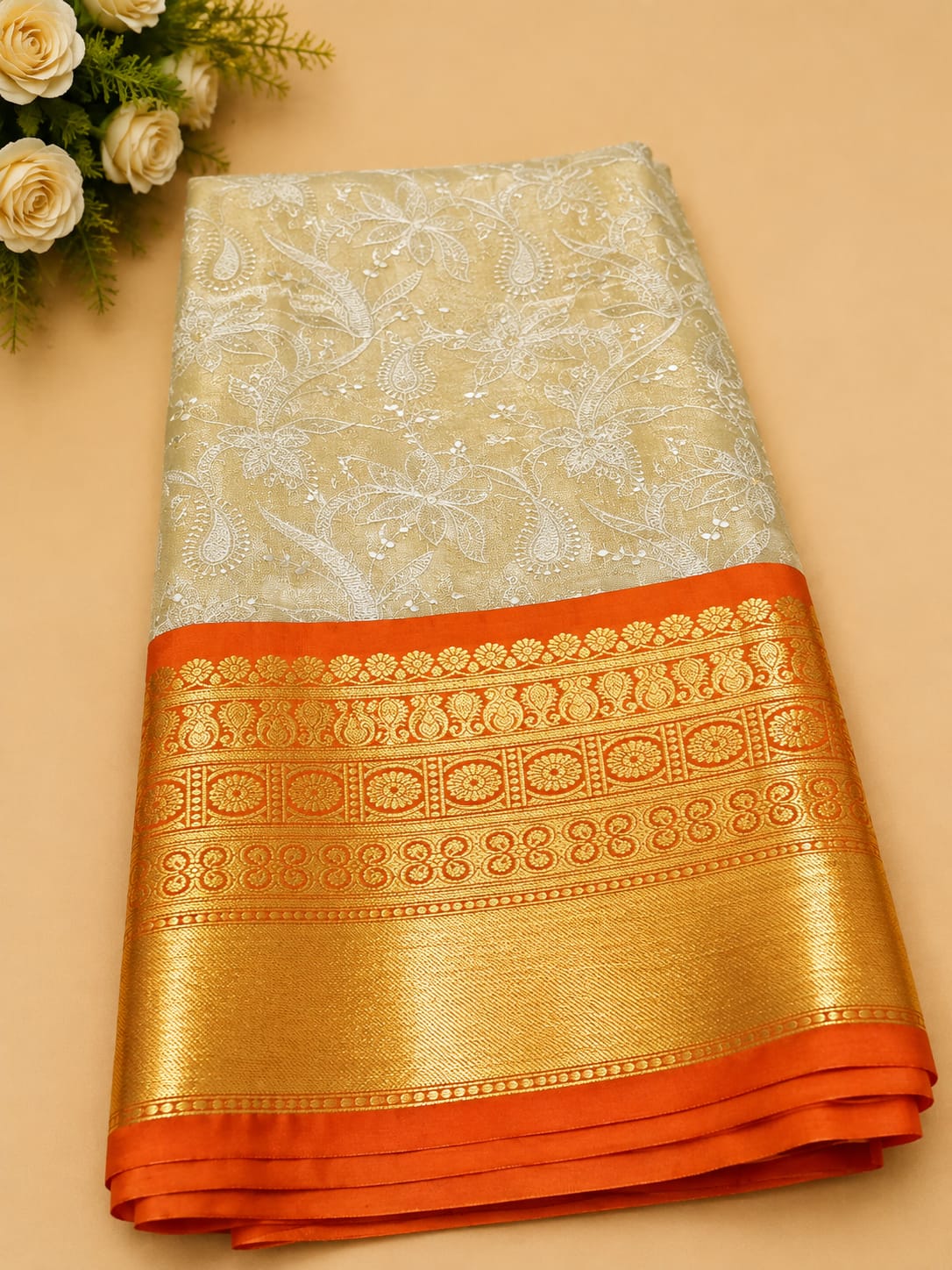 Semi Kattan Silk Embroidery Saree – Beige & Orange