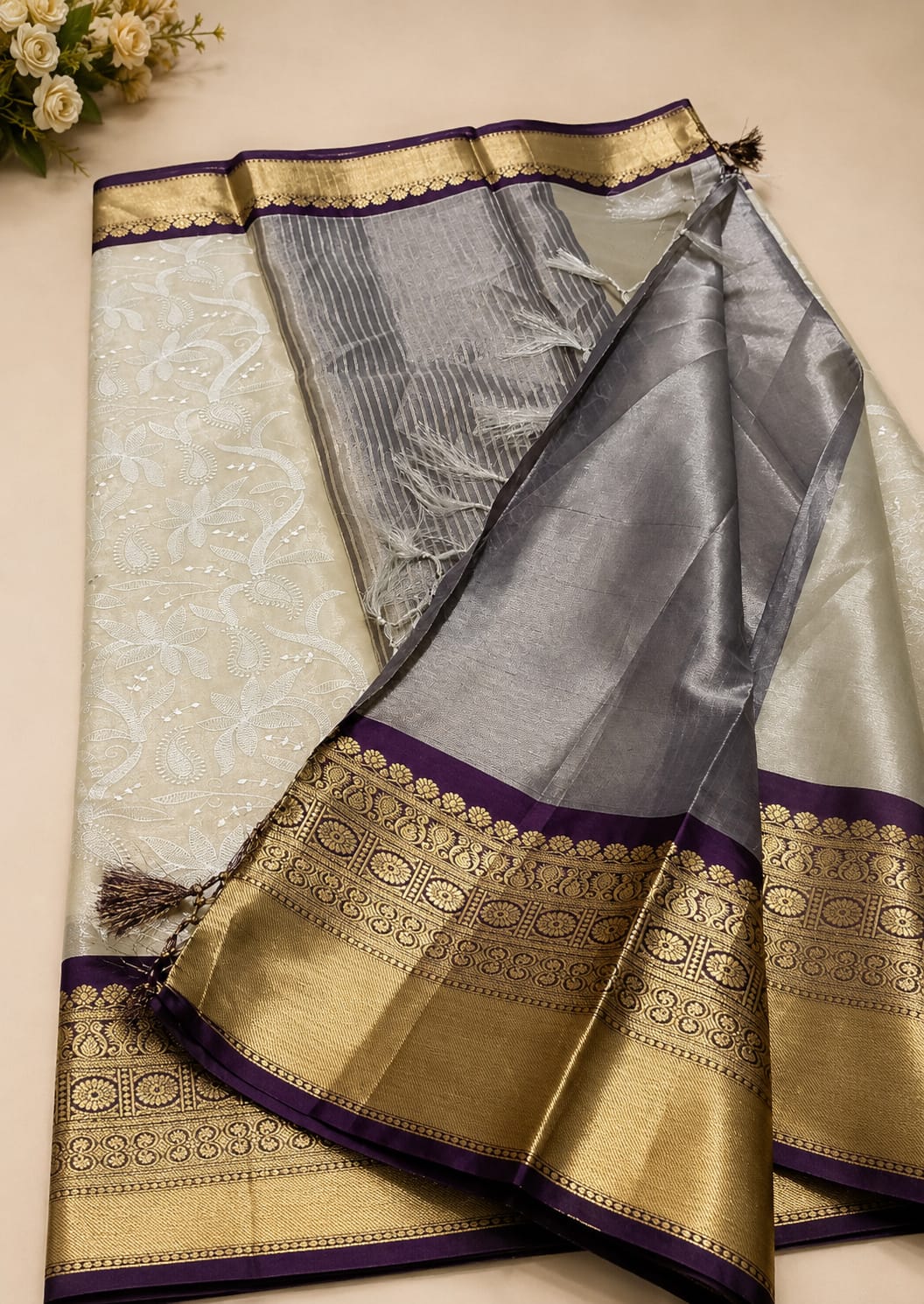 Semi Kattan Silk Embroidery Saree – Beige & Deep Wine