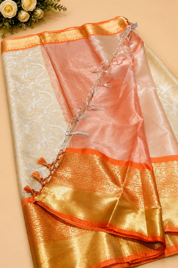 Semi Kattan Silk Embroidery Saree – Beige & Orange