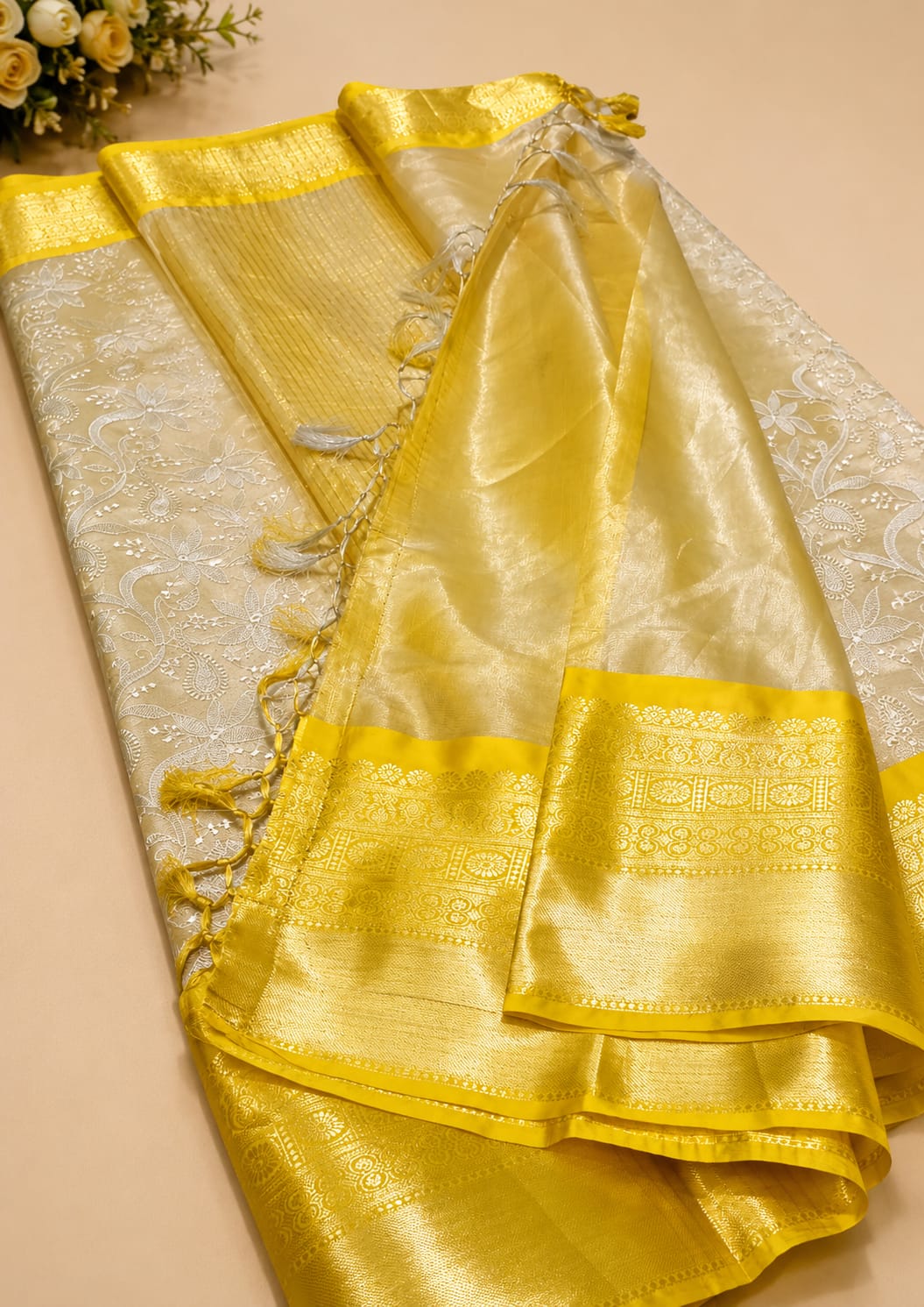 Semi Kattan Silk Embroidery Saree – Beige & Mustard Yellow