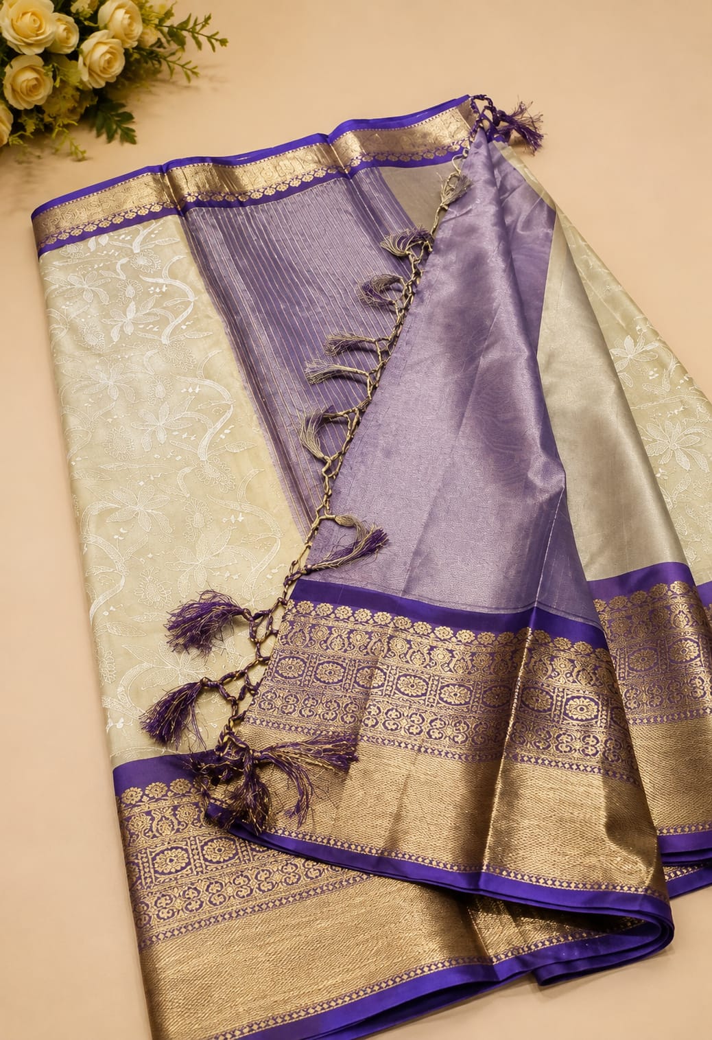 Kattan Silk Embroidery Saree – Golden Beige with Purple Border