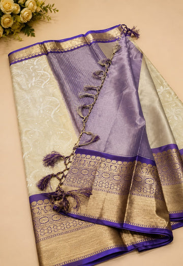 Kattan Silk Embroidery Saree – Golden Beige with Purple Border